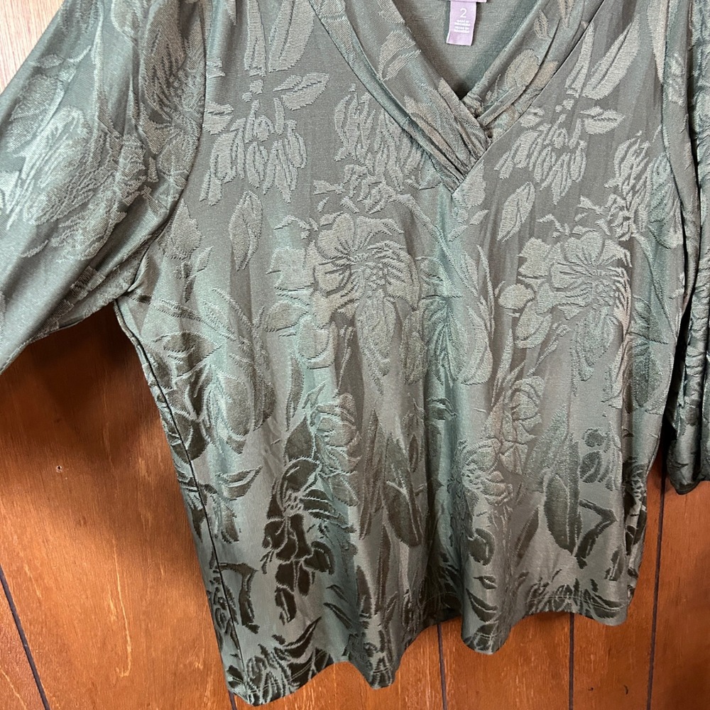 Chicos Womens Top Green Floral Jacquard V Neck Long Sleeve Size 2 Burnout Floral - Picture 5 of 8